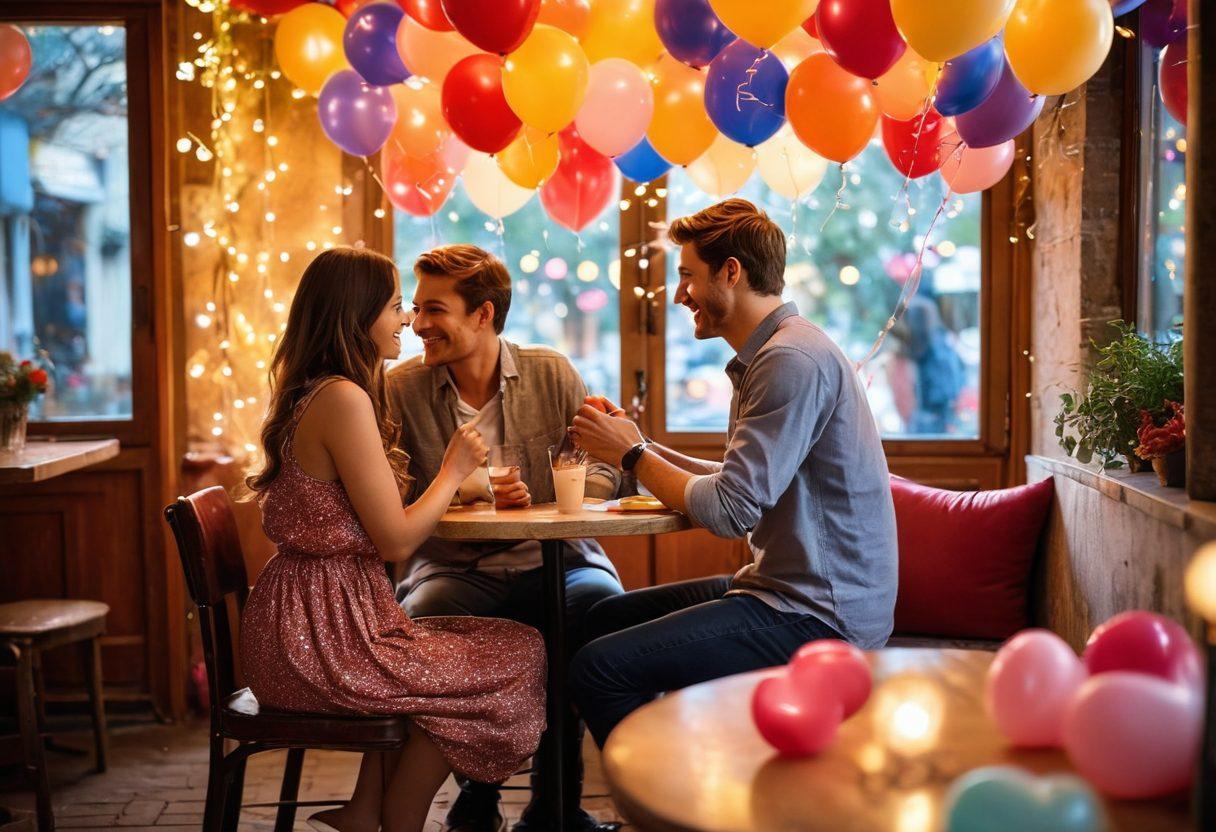 A lively romantic scene featuring a couple engaged in playful flirtation, surrounded by colorful balloons and soft fairy lights in a cozy café setting. The couple should exhibit joyful expressions, with subtle body language suggesting warmth and connection. Include elements of artistic flair, such as an abstract heart in the background and vibrant petals scattered around. super-realistic. warm colors. soft focus.