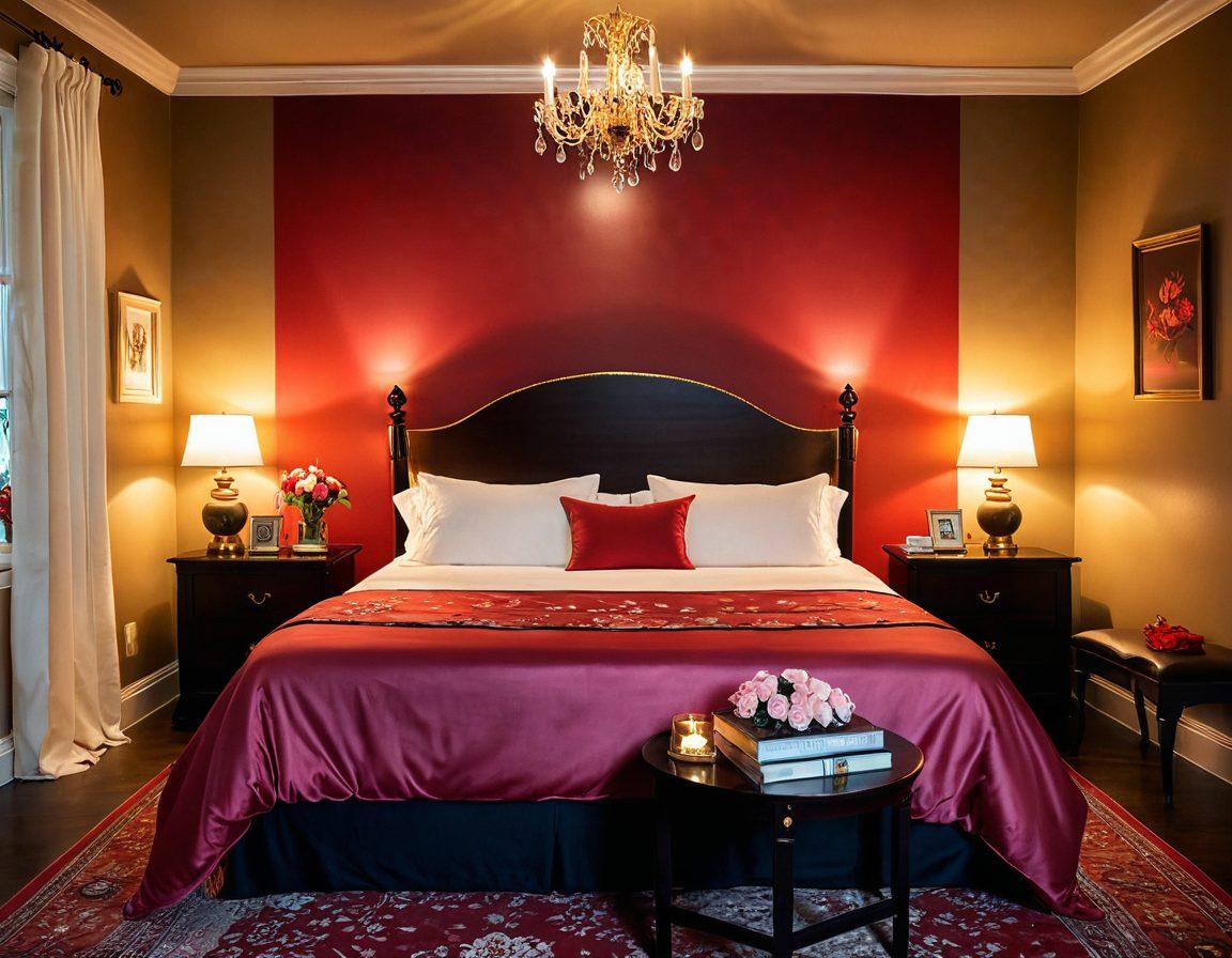 A romantic setting featuring a cozy bedroom with soft candlelight, two intertwined silhouettes of a couple sharing an intimate moment, surrounded by playful symbols of love and passion like hearts and roses. Add subtle artistic hints of eroticism, such as silky sheets and open books filled with steamy stories. The colors should be warm and inviting. painting. vibrant colors. 